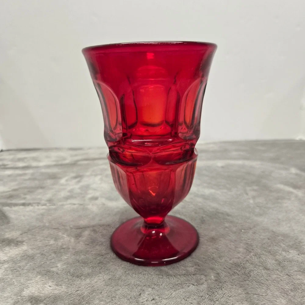 Vintage Ruby Red Glass Goblet Paneled‎ Footed Water Wine Glass 5.25 Inch
